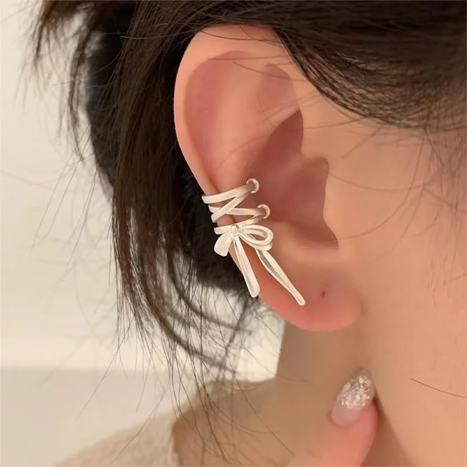 El Regalo Fashionable & Elegant Silver Matt Finish Ear Cuffs for Non Piercing Earrings- Ballet Hollow Cross Ribbon Ear Clips for Girls, Trendy Versatile Clip On Cuff Earrings for Girls & Women