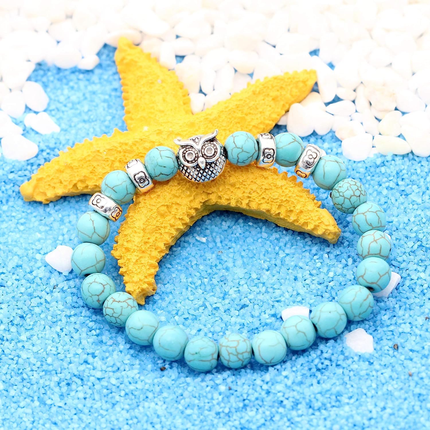 El Regalo 8mm Turquoise Beads Owl Braided Rope Unisex Bracelet for Girls/Boys/Men/Women Bohemian Jewelry Gift