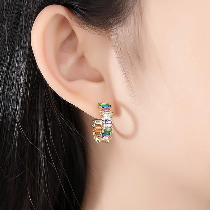 El Regalo Women's & Girl's Luxury Open C Hoop Swarvski Multi-Colored Cubic Zirconia Stainless Steel Hoop Earrings - Fashionable and Glamorous Rainbow Earrings