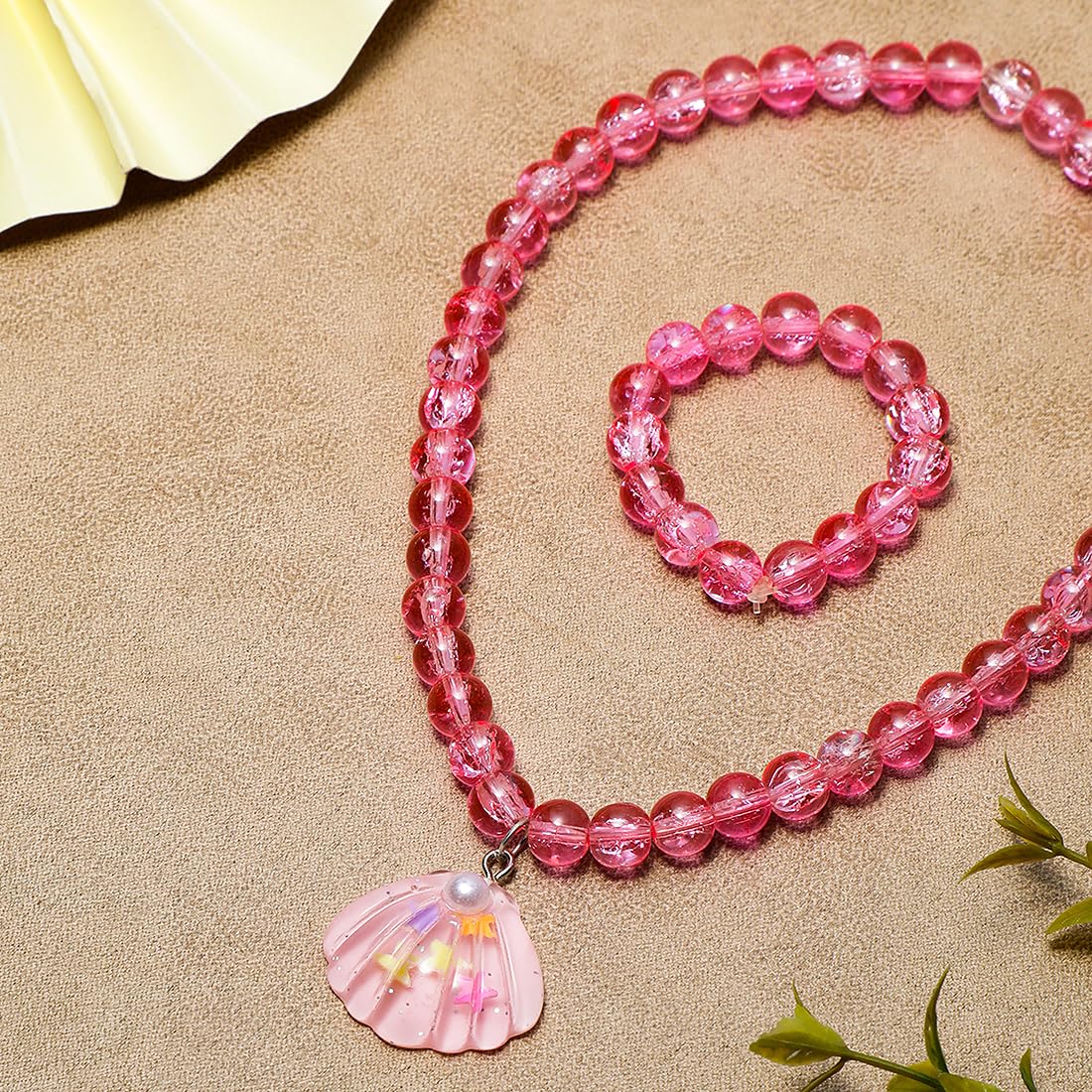 El Regalo 2 PCs Resin Shell Pendant Colorful Sparkly Crackle Beads Pendant Necklace & Bracelet Set for Kids/Girls- Christmas/Birthday Gift for Girls Kids (Pink)