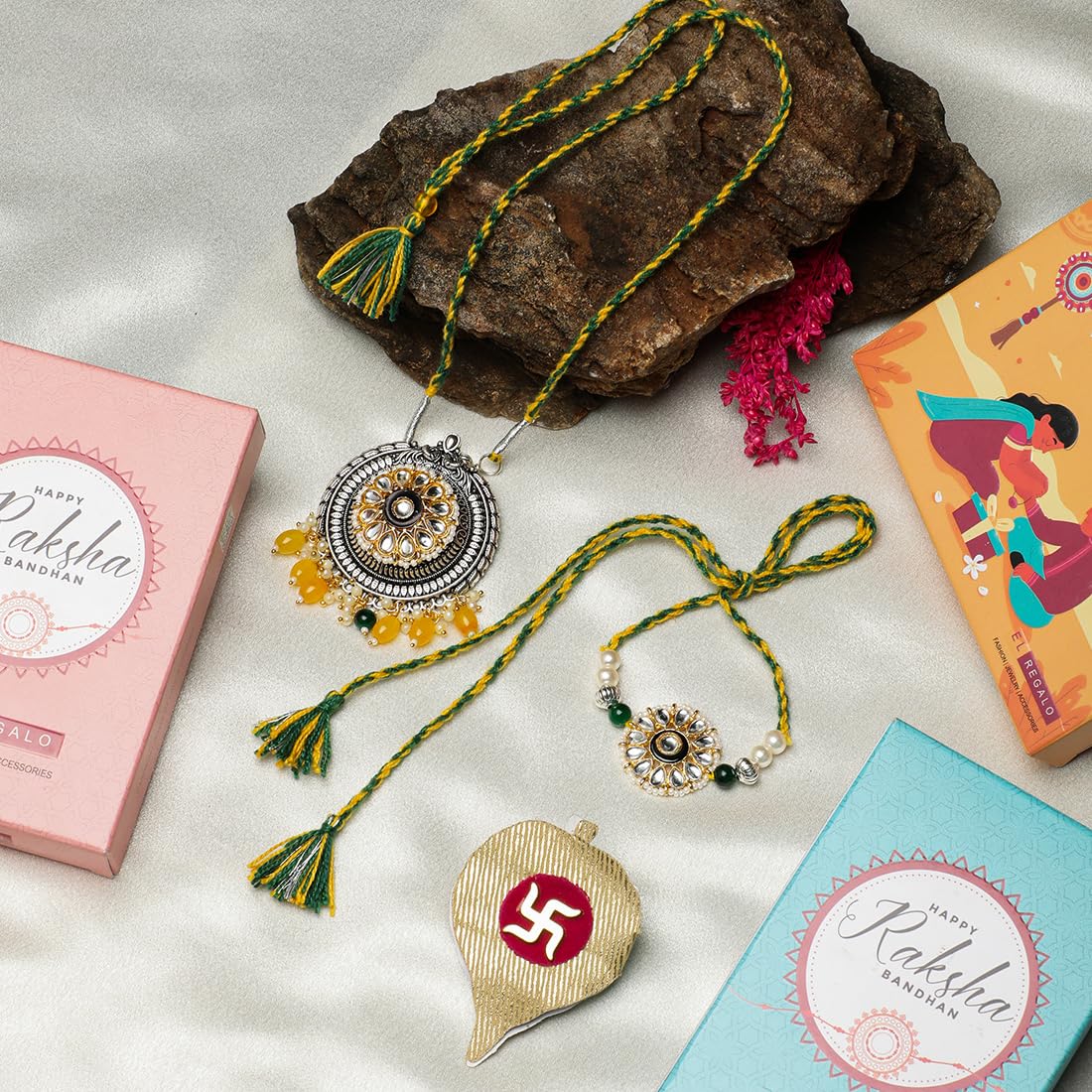 El Regalo Designer Bhaiya- Bhabhi Rakhi Luma/Lumba Set- Kundan, Pearls Rakhi with Roli Chawal in Gift Box- Luma Convertible into Necklace (Option-4)