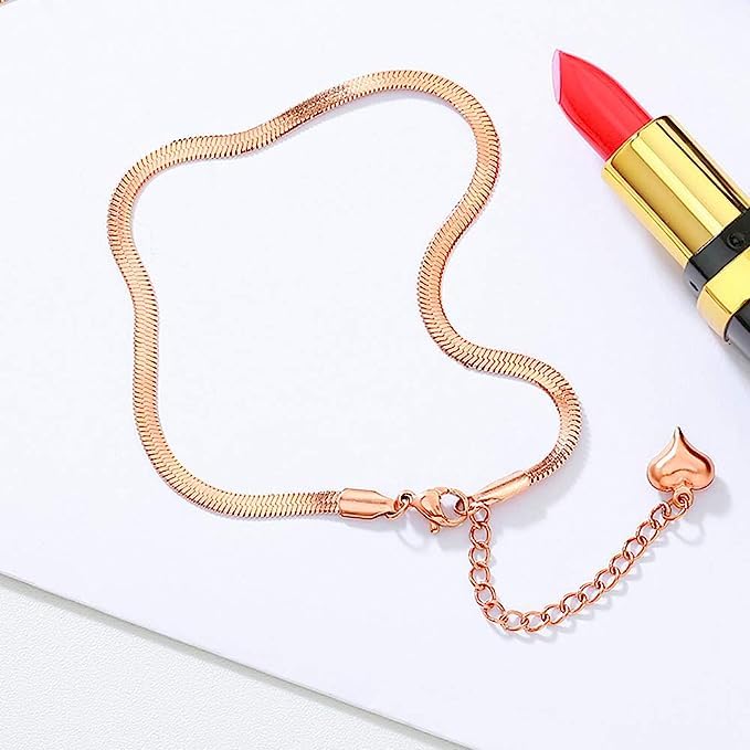 El Regalo 1PC Stainless Steel Anklet- Anti Tarnish, Waterproof 18K Rose Gold Plated Flat Snake Chain Link Dainty Anklet for Girls & Women, Boho Summer Beach Foot Jewelry