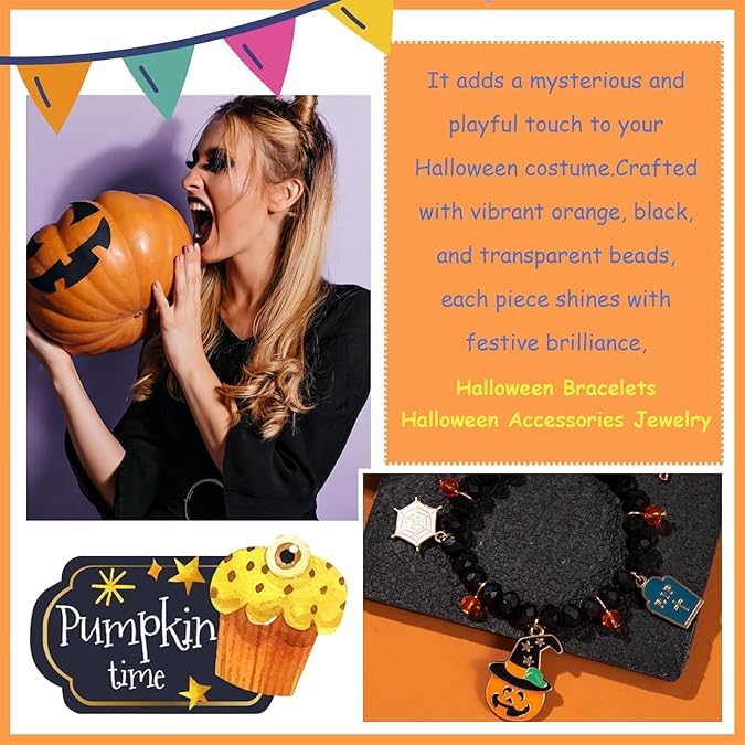 El Regalo 1PC Halloween Bracelet for Girls & Women- Halloween Beaded Stretch Bracelet Ghost Pumpkin Spider Cat Witch Charm Bracelet Halloween Costume Jewelry (Style-1)