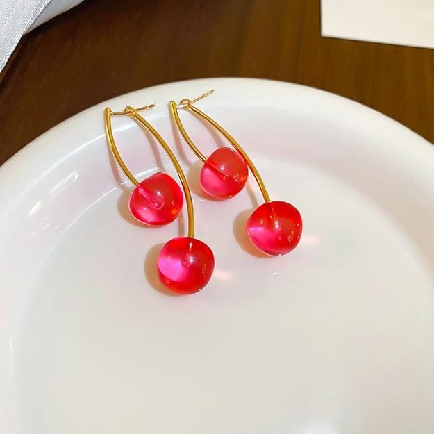 El Regalo Cute Double Cherry Front Back Jacket Earrings for Girls & Women | Glossy Fruit Design Gold-Tone Earrings | Fashion Statement Dangle Earrings for Party & Casual Wear (Translucent Candy Pink)