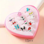 El Regalo 12 Pcs Cute Adjustable Rings Set for Kids/Girls/Women - Colorful Cartoon Enamel Finger Rings | Adjustable Cute Jewelry Gift Box - Butterfly, Flower, Bow, Heart, Cherry Designs (Style-1)