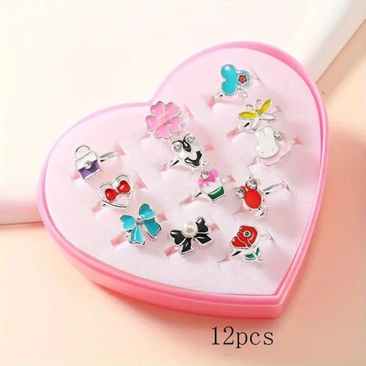 El Regalo 12 Pcs Cute Adjustable Rings Set for Kids/Girls/Women - Colorful Cartoon Enamel Finger Rings | Adjustable Cute Jewelry Gift Box - Butterfly, Flower, Bow, Heart, Cherry Designs (Style-1)