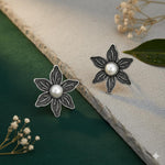 El Regalo Oxidized Rose Flower Statement Earrings- Silver Lookalike Brass Floral Ghungroo Earrings with Antique Silver Finish for Women
