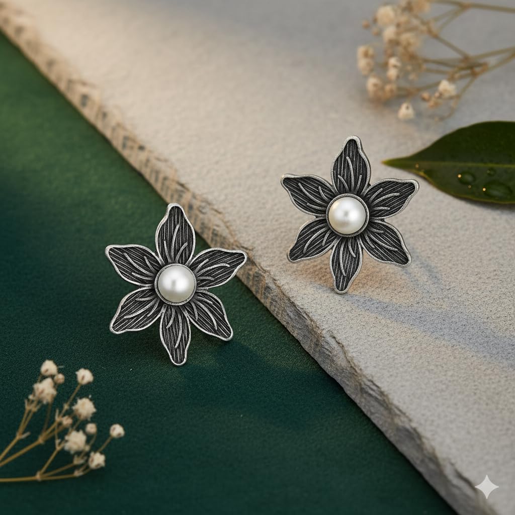 El Regalo Oxidized Rose Flower Statement Earrings- Silver Lookalike Brass Floral Ghungroo Earrings with Antique Silver Finish for Women