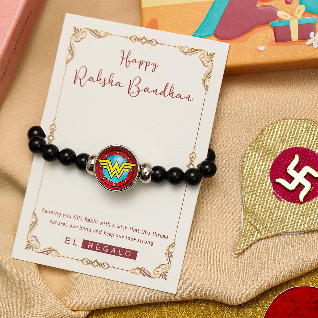El Regalo 1PC Superhero Kids Marvel Theme Rakhi with Replacement Button for Brother- Kids Unisex Rakhi with Roli Chawal, Rakhi Message Card in Rakhi Gift Box for Little Bro (Wonder Women Rakhi)