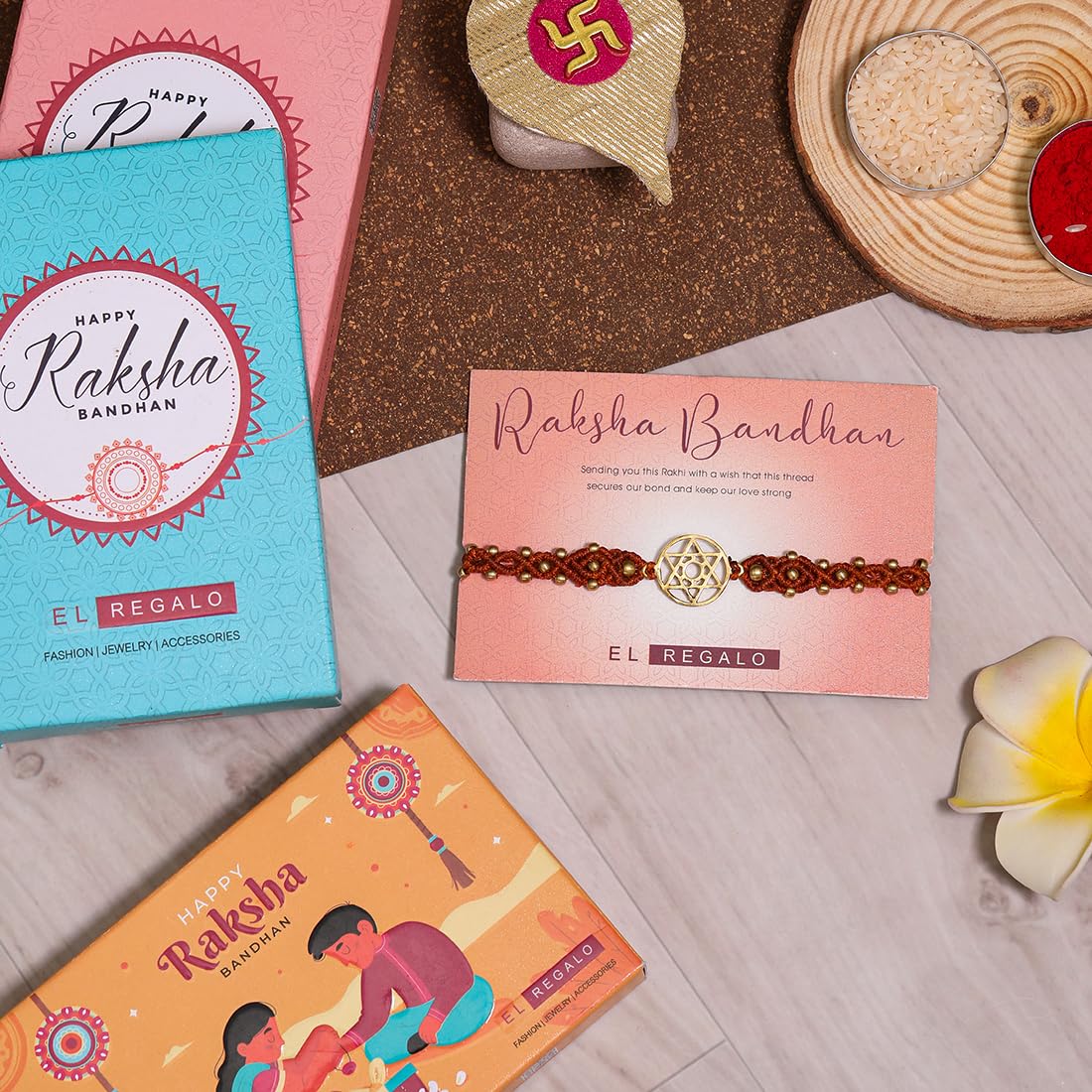 El Regalo 1PC Chakra Rakhi for Brother- Designer Chakra Reiki Healing Symbols Hand Braided Rakhi with shagun, Rakhi Card in Gift Box for Bhaiya/Bhabhi/Niece/Nephew (Sacral Chakra)