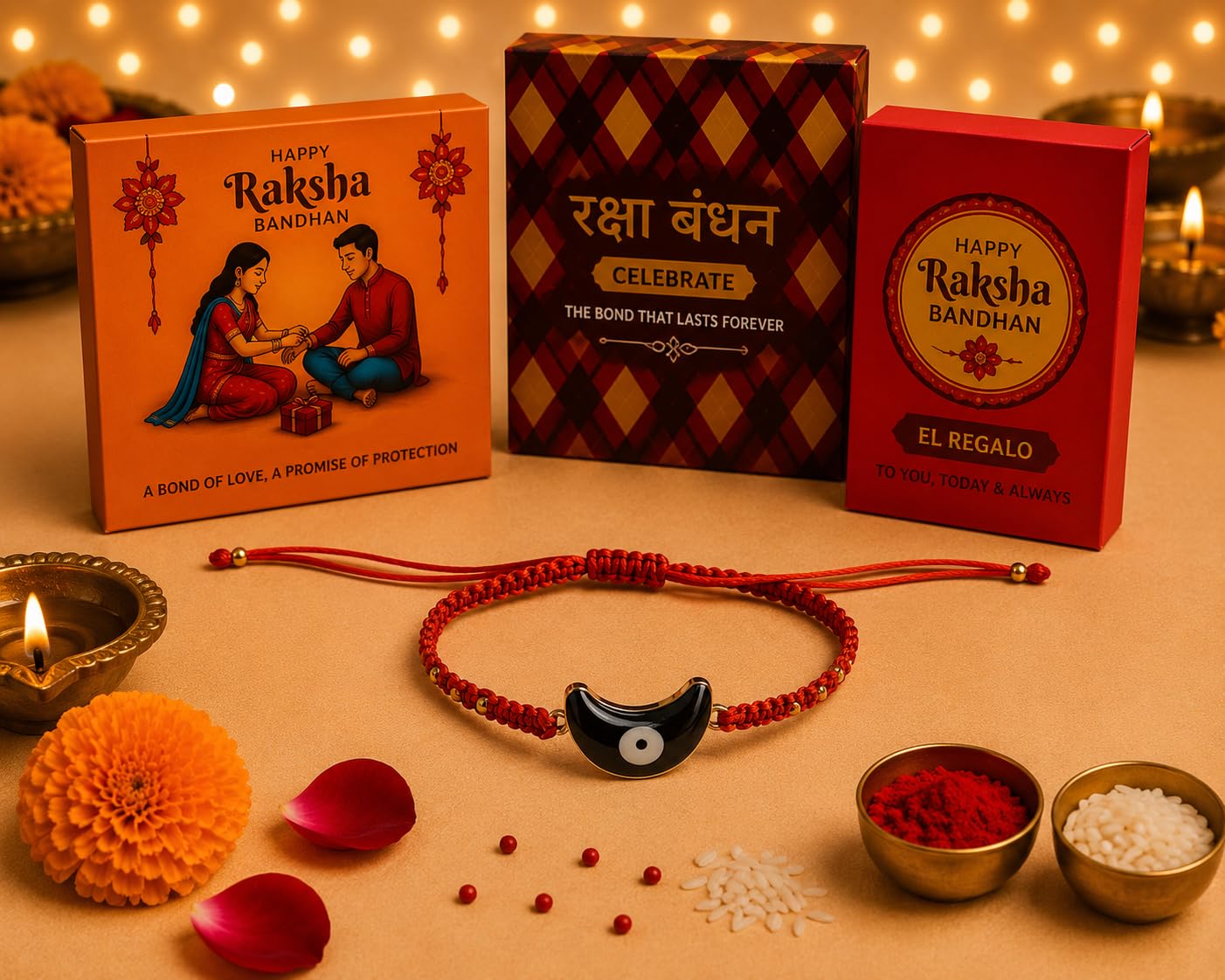 El Regalo Evil Eye Bracelet Rakhi for Brother with Roli Chawal in Gift Box (Red with Blue Evil Eye)