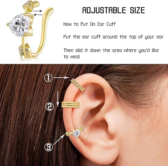 El Regalo 1pair Tiny Arrow Through Heart Shaped CZ Crystal Decor Clip-On Earring for Girls & Women, Non Piercing Cuff Heart Cartilage Earrings