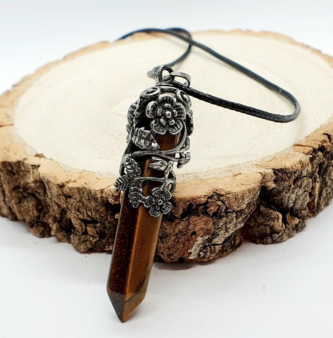 El Regalo 1PC Flower Wrapped Hexagonal Healing Natural Stones Point Pendant Unisex Necklace- Natural Stones Reiki Healing Crystals Necklace in Antique Silver Finish (Brown- Tiger Eye-Cord)