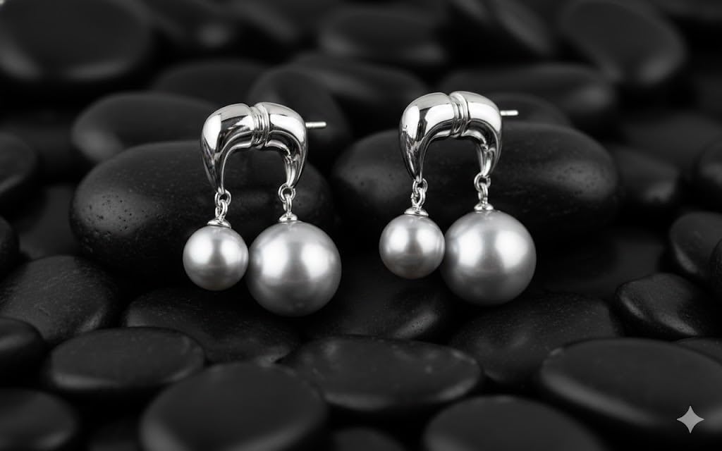El Regalo Grey Pearl Front Back Ear Jackets Studs - Premium Silver-Plated Pearl Earrings