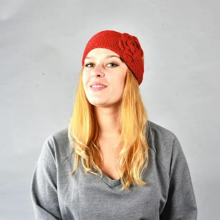El Regalo's 1PC Winter Crochet Knitted Headwrap Headband with 3D flower & Button for Girls & Women- Ear Warmer Hair Muffs Band | Winter Designer Headbands for Teens & Women (Red)