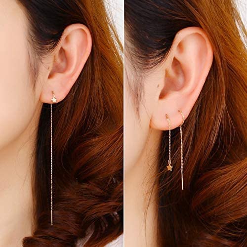 El Regalo Gold Plated Plated Minimalist Long Thin Tassel Elegant Threader Dangle Chain Earrings for Girls & Women (Golden Star Threader)