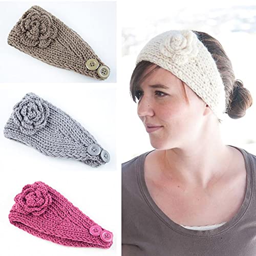 El Regalo 2 PCs Knitted Flower Warm Winter Woolen Headband with Buttons for Face Mask Cover | Cold Weather Hair Accessories Head Wrap | Winter Headbands for Girls & Women (Pack of 2) (White & Coffee)