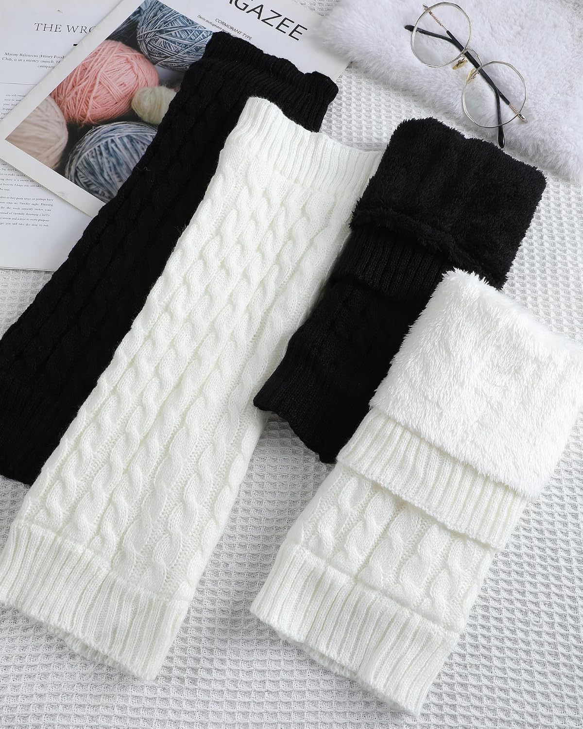 Shihanee 2 Pairs Winter Fleece Lined Leg Warmers for Women Warm Long Boot Socks Knit Thick Calf Warmers for Skating Walking, Black,white, about 15.7 inches x 4.5 inches in length and width
