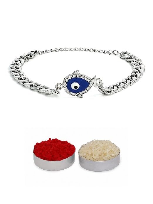 El Regalo Unisex-Adult 1Pc Cz Evil Eye Stainless Steel Rakhi For Brother - Anti Tarnish/No Rust/Waterproof Evil Eye Designer Rakhi With Roli Chawal, Rakhi Message Card In Rakhi Gift Box (Option-1)