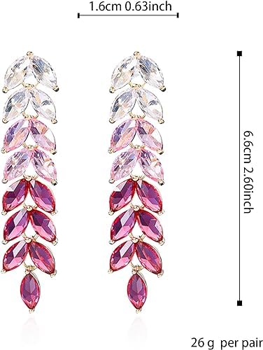 El Regalo Gradient Crystal Long Chandelier Tassel Dangle Earrings - Rhinestone Leaf Drop Statement Earrings for Women, Lightweight, Comfortable, Sparkling Jewelry (Pink)