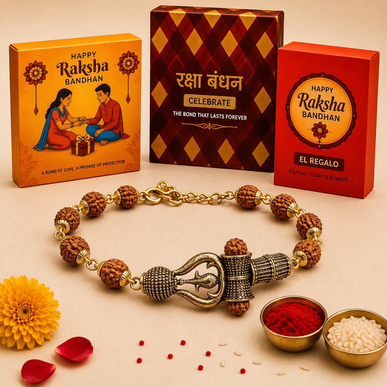 El Regalo Rudraksha Rakhi for Brother- Rudraksha Beads Rakhi Gift Box with shagun & Rakhi Message Card for Bhai/Nephew (Trident)