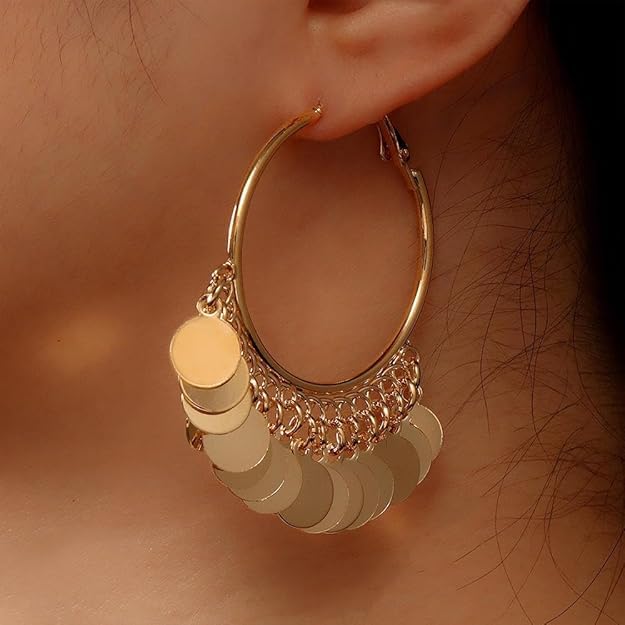 El Regalo Bohemian Gold Hoop Earrings with Hanging Coin Discs for Women & Girls | Light Indo Western Chandbali Style Bali | Gypsy Festival & Party Fashion Jewellery