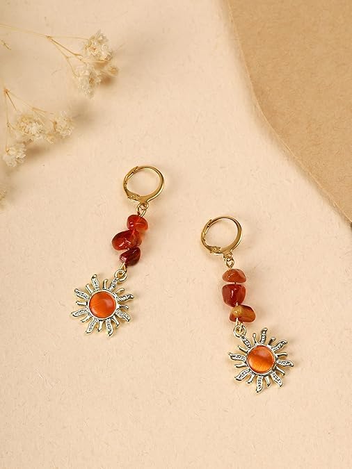El Regalo Bohemian Style Carnelian Sunburst Earrings- Boho Hippie Gothic Sun Earrings for Girls & Women (Rusty Red)