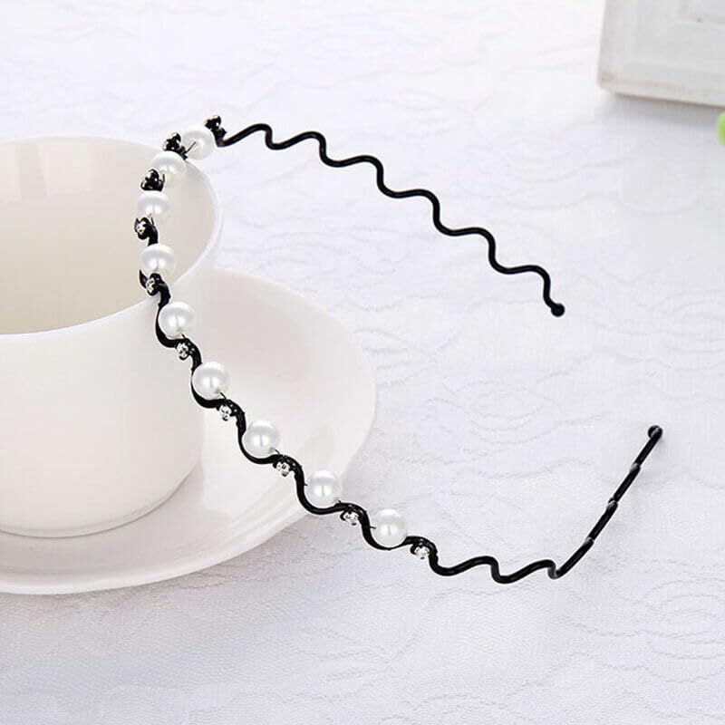El Regalo Womens & Girls 3 Pcs Pearls Reheinstnes Hairbands Set- 3Pcs Wave Shape Headbands Pearls Rhinestones Inalid Fashion Hair Bands