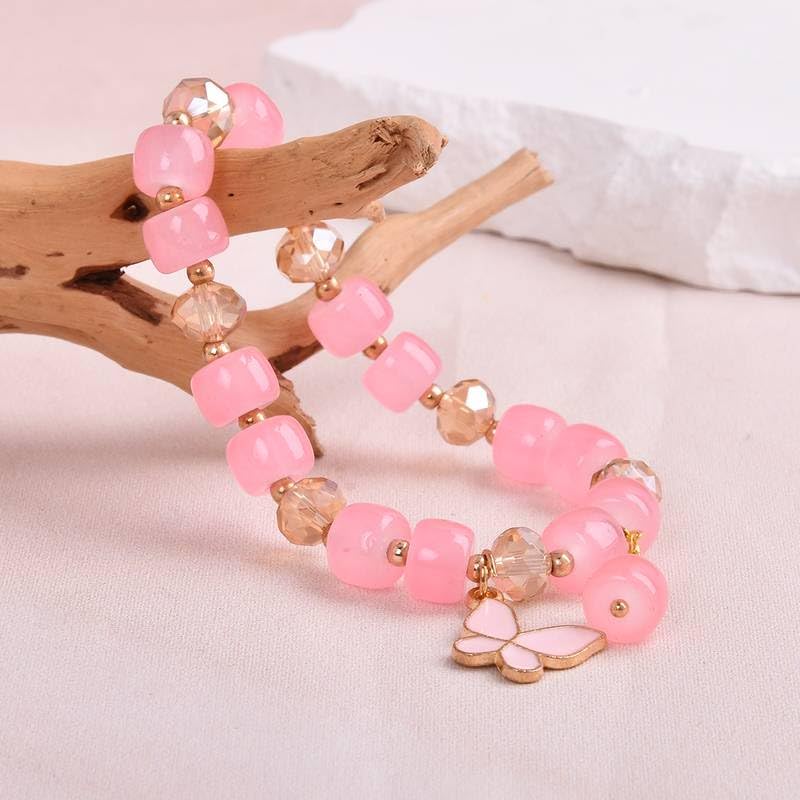 El Regalo 2 PCs Butterfly Crystal Beads Tassel Bracelet With Cute Enamel Butterfly Charms for Girls/Teens/Women (Color Option-1)