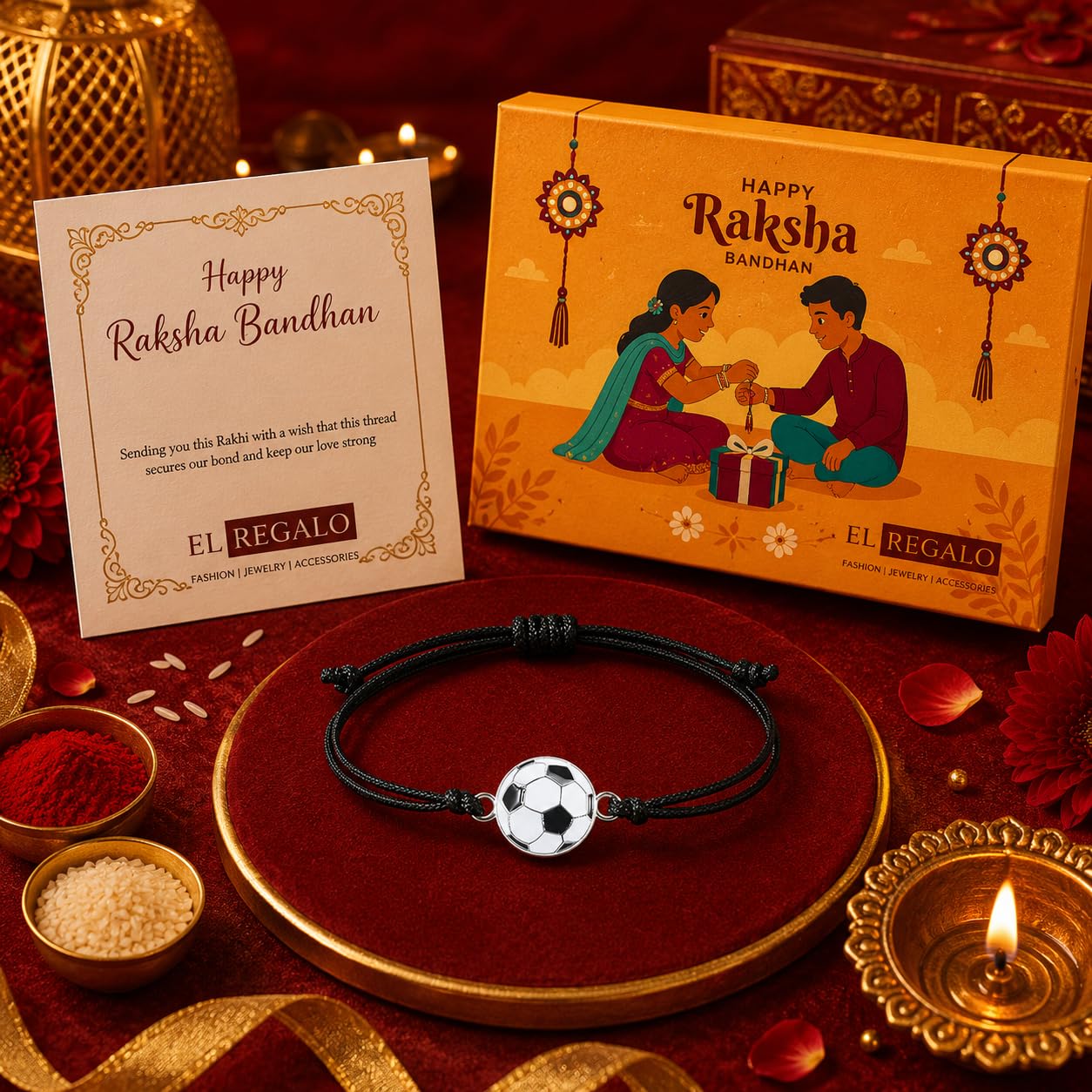 El Regalo 1PC Sports Balls Bracelet Rakhi for for Brother- Rakhi for Sports Lover Bhai with Roli-Chawal Shagun, Message Card in Gift Box for Kids/Adults (Soccer Ball)