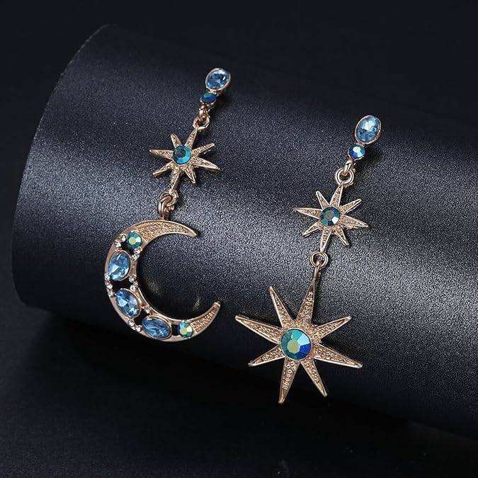El Regalo Bohemian Moon Star Asymmetric Tassel Earrings- Crystal Moon & Sun Drop Earrings Long Retro Exquisite Punk Style Jewellery for Women Girls