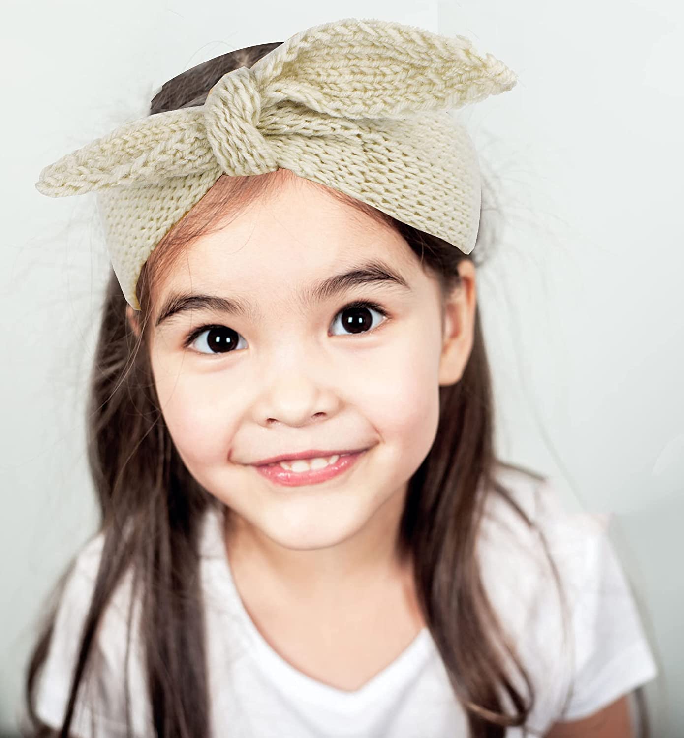 El Regalo 2 PCs Turban Wool Headband - Warm Rabbit Knot Hair Band, Knit Head Wrap for Baby Girls Newborns and Toddlers (Beige & White)