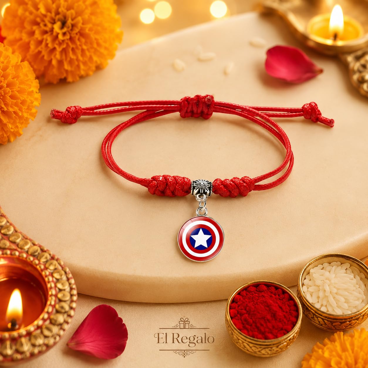 El Regalo 1PC Superhero Kids Rakhi- Fun Kids Bracelet Rakhi with Roli Chawal, Rakhi Message Card in Rakhi Gift Box for Little Bro/Sister/Niece or Nephew (Captain America Red Rakhi)