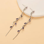 El Regalo Long Copper Zirconia Rhinestone Leaf Drop Dangle Earrings for Women | Korean Style Vine Fringe Earrings | Classy Party, Wedding & Casual Earrings Jewelry (Purple Silver)