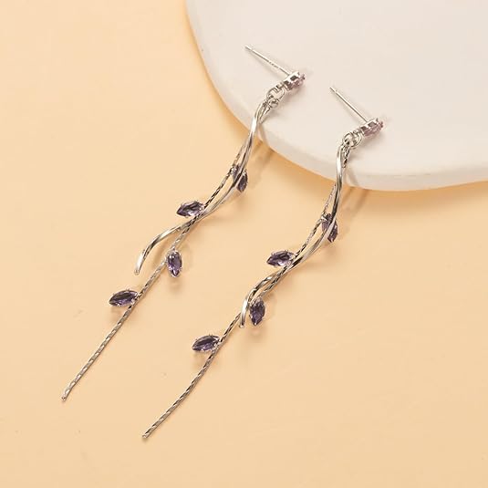 El Regalo Long Copper Zirconia Rhinestone Leaf Drop Dangle Earrings for Women | Korean Style Vine Fringe Earrings | Classy Party, Wedding & Casual Earrings Jewelry (Purple Silver)