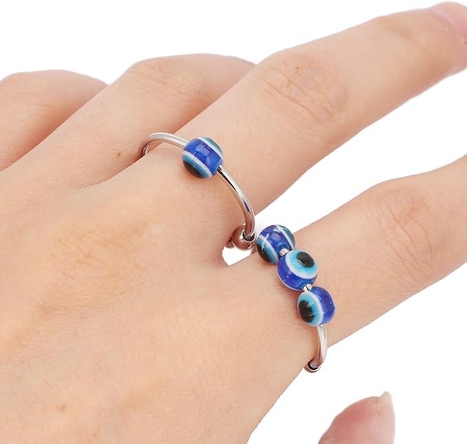 El Regalo 2PCs Eye Catching Fidget Meditation Adjustable Finger Rings for Girls & Women- Retro Blue Evil Eyes Opening Adjustable Rotating Beads Rings