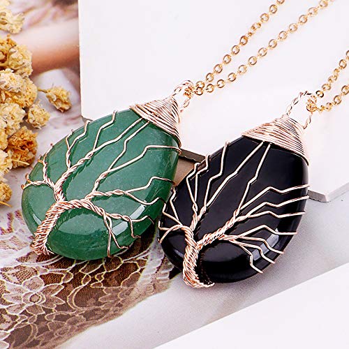 El Regalo Tree of Life Wire Wrapped Drop Natural Stones Healing Crystal Chakra Pendant Necklace - Unique Handcrafted Gemstones Pendant Necklaces (Black Onyx) For Unisex Adult