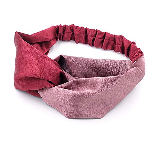 El Regalo Fashion Double Color Splicing Satin Wide Border Criss Cross Knotted Belt Retro Elastic Hair Band for Girls & Women (Red)