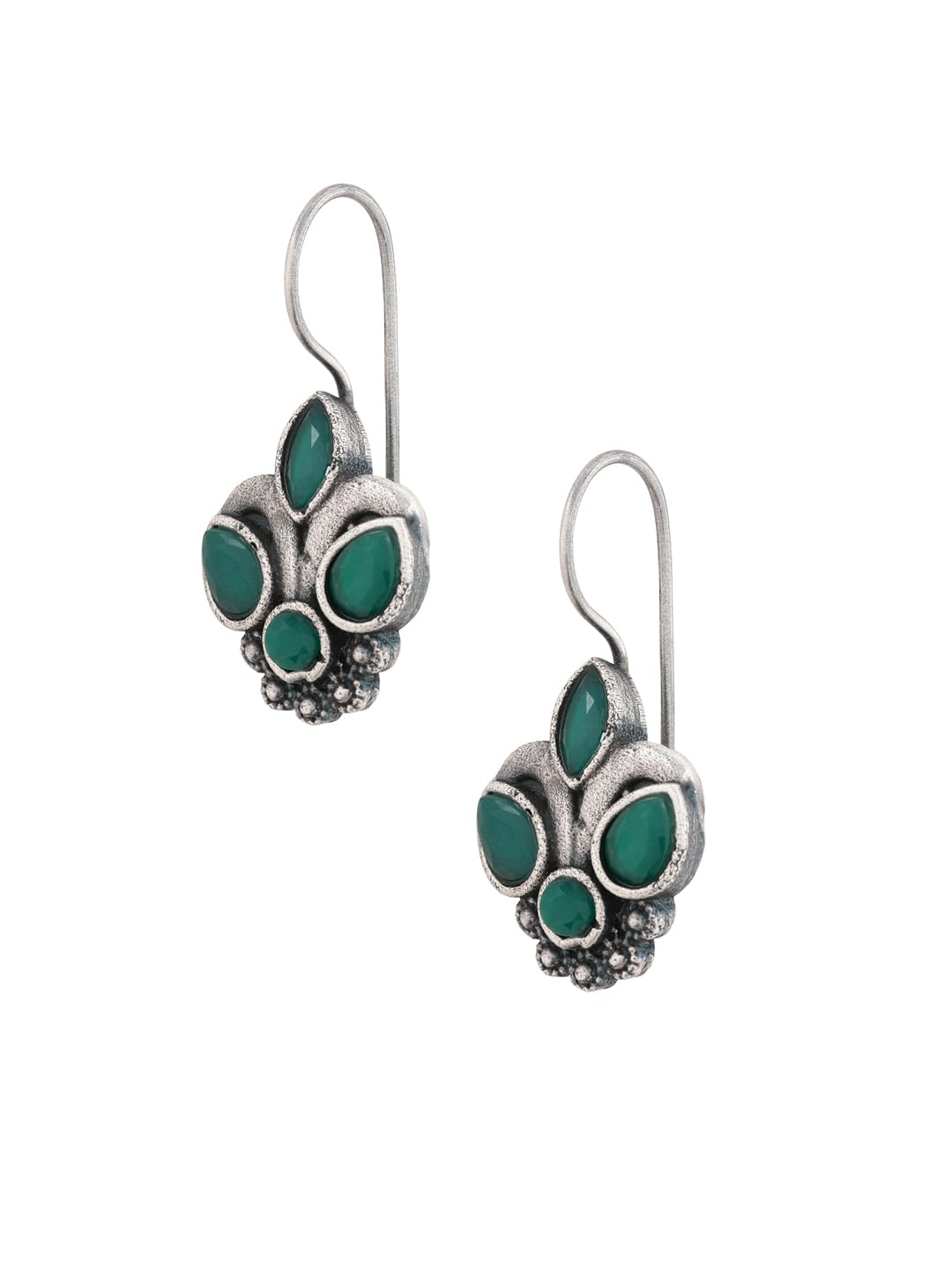 El Regalo Small Oxidized German Silver Stones Hook Earrings- Handmade Oxidized Indian Earrings (Green)