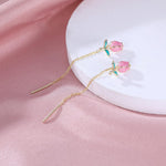 El Regalo Tulip Flower Threader Tassel Earrings for Women Teen Girls- Pink Flower Bud Dangling Chain Studs Earrings- Needle Thread Earrings