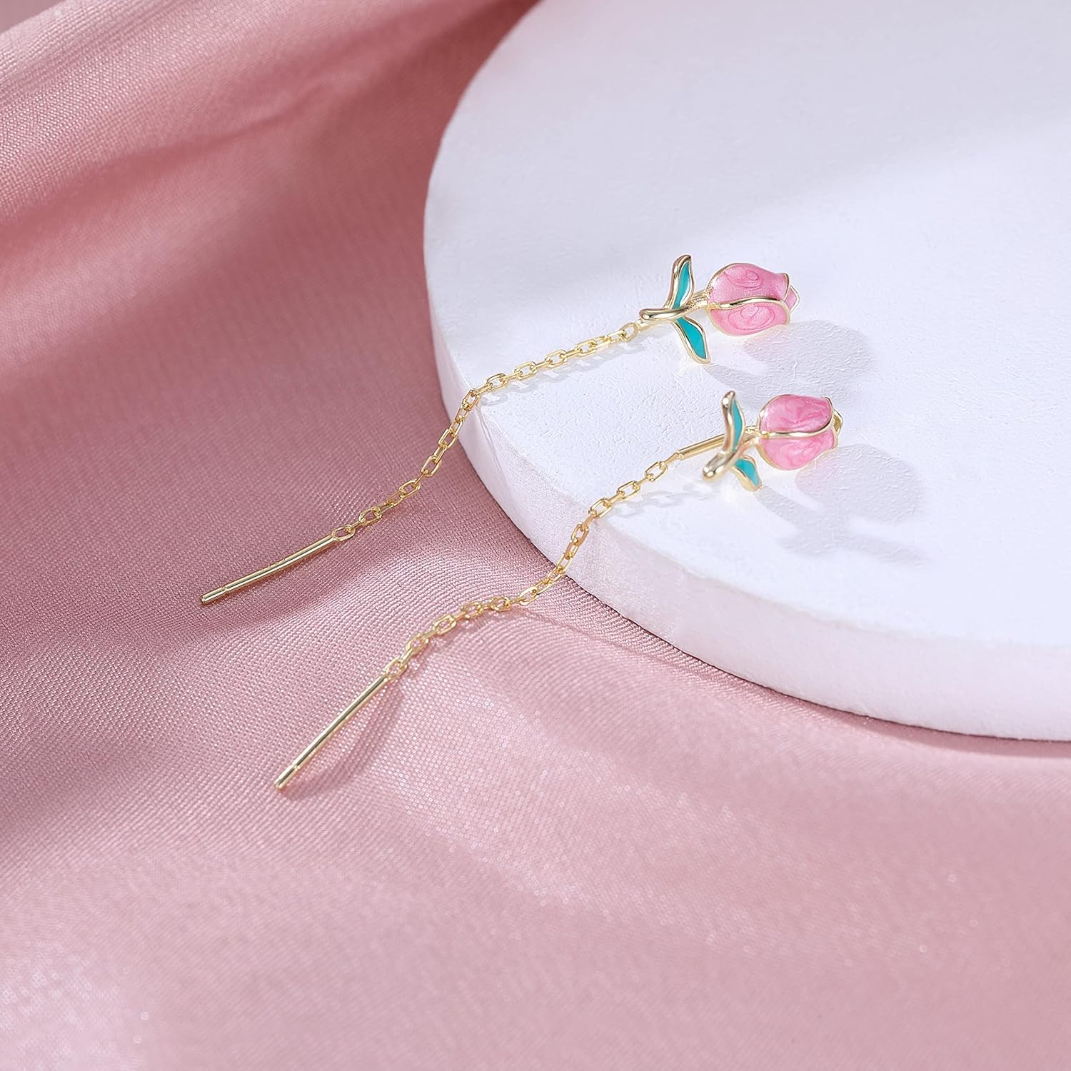 El Regalo Tulip Flower Threader Tassel Earrings for Women Teen Girls- Pink Flower Bud Dangling Chain Studs Earrings- Needle Thread Earrings