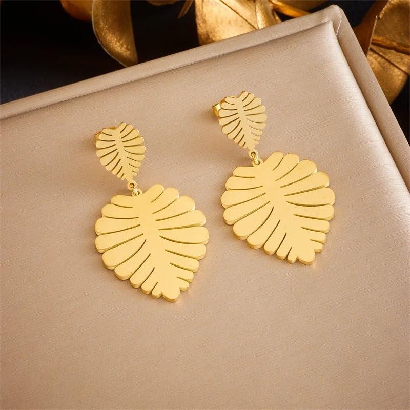 El Regalo Women's & Girl's Big & Bold Stainless Steel Hollow Cut Leaves Stud Earrings- Western Tropical Monstera Leaves Earrings