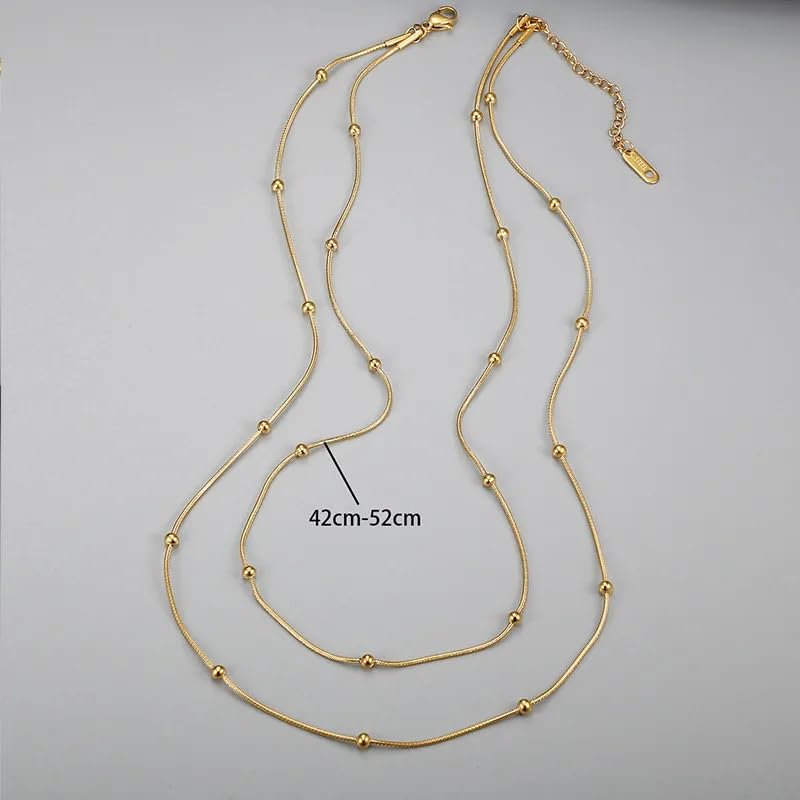El Regalo Stainless Steel Double Layers Satellite Beads Chain Necklace- Anti Tarnish, Waterproof Golden Beads Station Chain Necklace for Women Girls