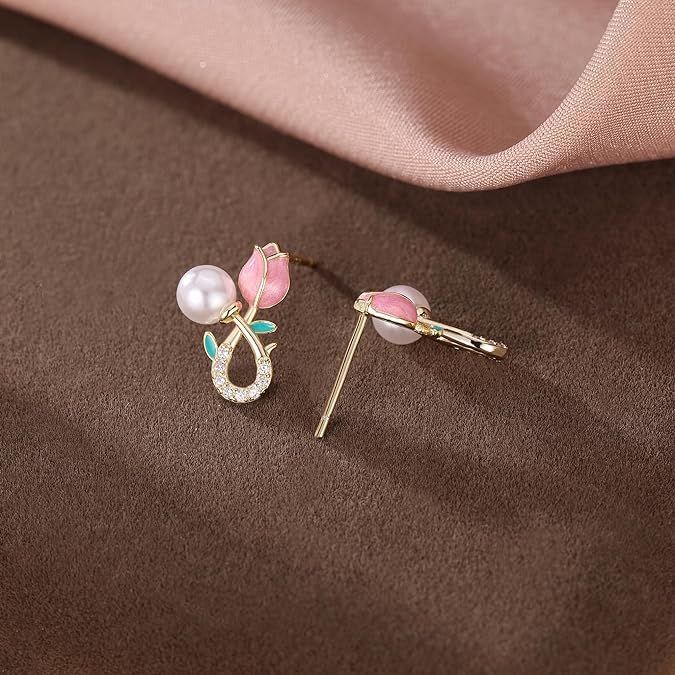 El Regalo Cute Tiny Pink Tulip Flower Bud Stud Earrings for Girls & Women (Tulip Bud with Pearl)