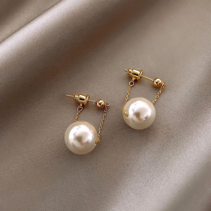 El Regalo Korean Fashion Minimalist Pearl Pendant Gold Dangle Earrings for Women & Girls | Elegant Front Back Chain Drop Studs | Western Gothic Chic & Seductive Party Jewelry
