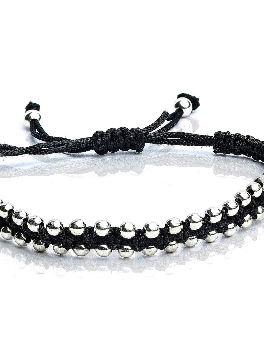 El Regalo Womens 2 Pcs Handmade Beaded Nazaria/Nazar Bracelet Cum Anklet Set- Black Thread Anklet/Bracelet Set (Silver)