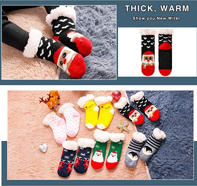 El Regalo 1 Pair Thermal Fluffy Casual Socks For Kids- Girls/Boys - Soft Warm Fleece Lining Knitting Non-Slip Winter Slipper Socks - Christmas Santa, Heart & Giraffe (Red Santa Socks, 3-6 Years)