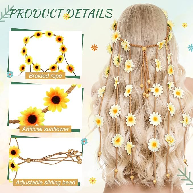 El Regalo Flower Hippie Headband Floral Crown Summer Sunflower Headband for Girls & Women - Wedding Party Hair Accessories (Yellow, One Size)