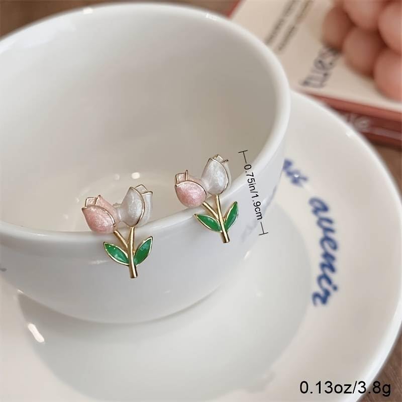 El Regalo Cute Tiny Pink Tulip Flower Bud Stud Earrings for Girls & Women (2 Tulip Buds)