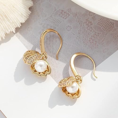 El Regalo Pearl Shell-Shaped Earrings - Fashionable Cute Inlaid Cubic Zirconia Pearls Shell Hook Earrings for Girls & Women, Elegant Sea-Inspired Design